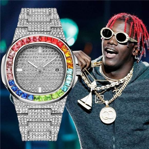 Luxury Bling-ed Out Colorful Diamond Watches Quartz Analog Stainless Steel Band - Picture 4 of 6